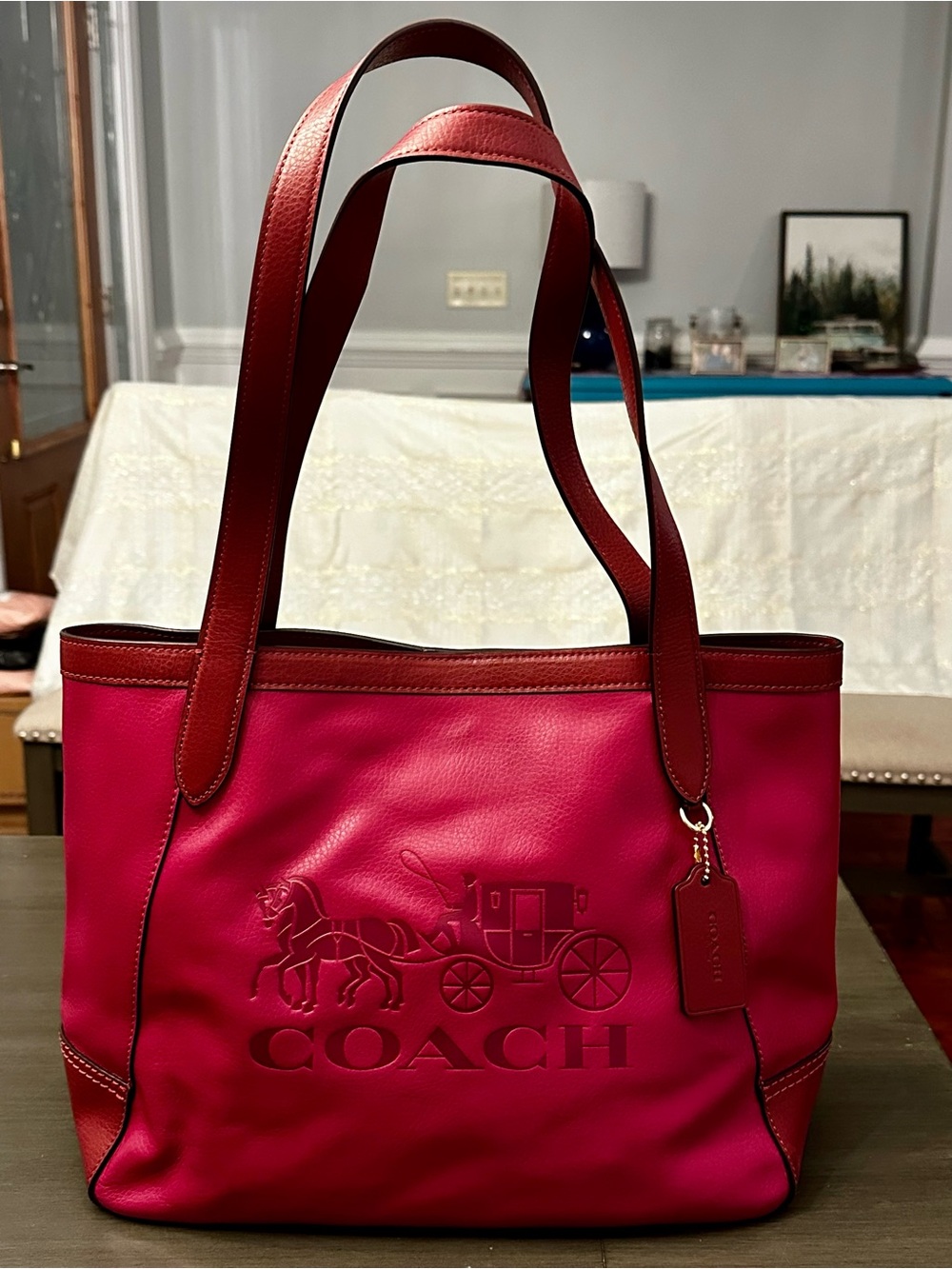 Coach C5676 Horse Carriage Colorblock Leather Tote Pink Red